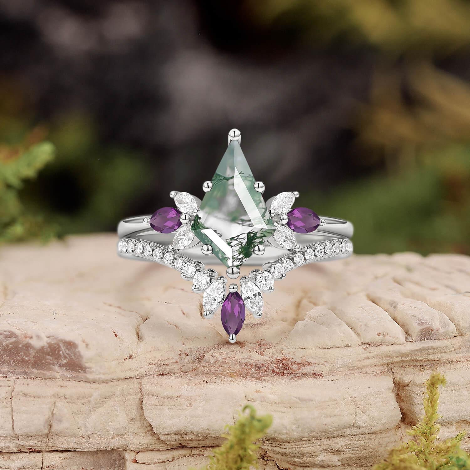 Butterfly Fairy - Unique Kite Cut Moss Agate & Amethyst Engagement Ring Set 2pcs.