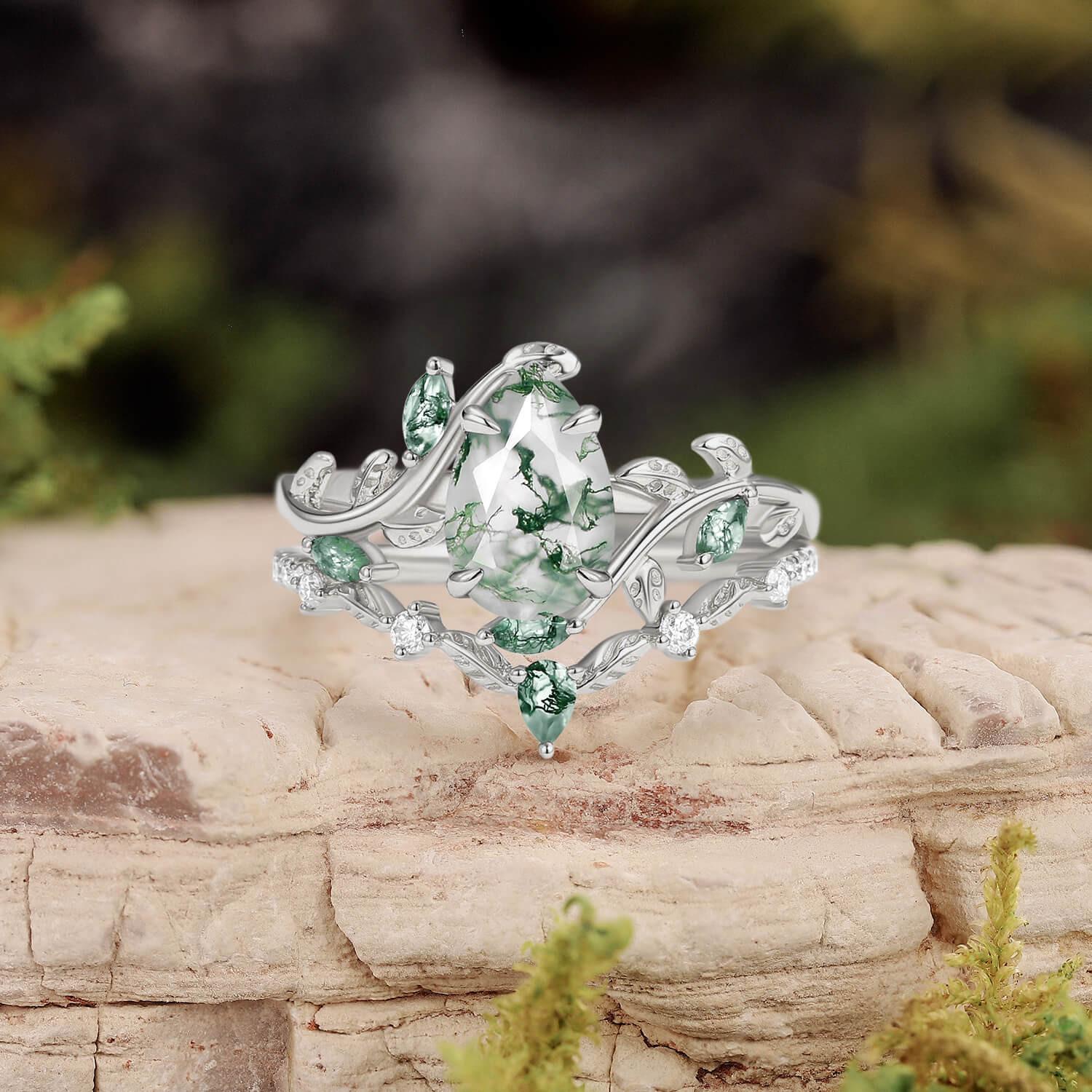Daphne’s Vine | Pear Cut Moss Agate Bridal Set 2pcs.