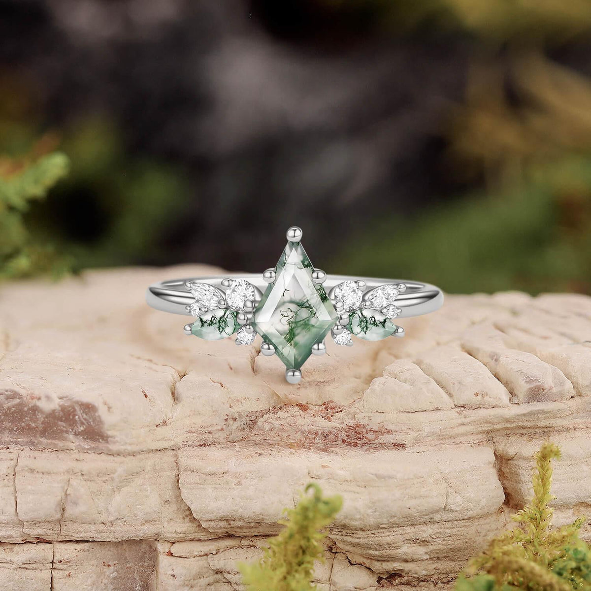 Lavinia’s Sprig | Classic Kite Cut Moss Agate Engagement Ring.