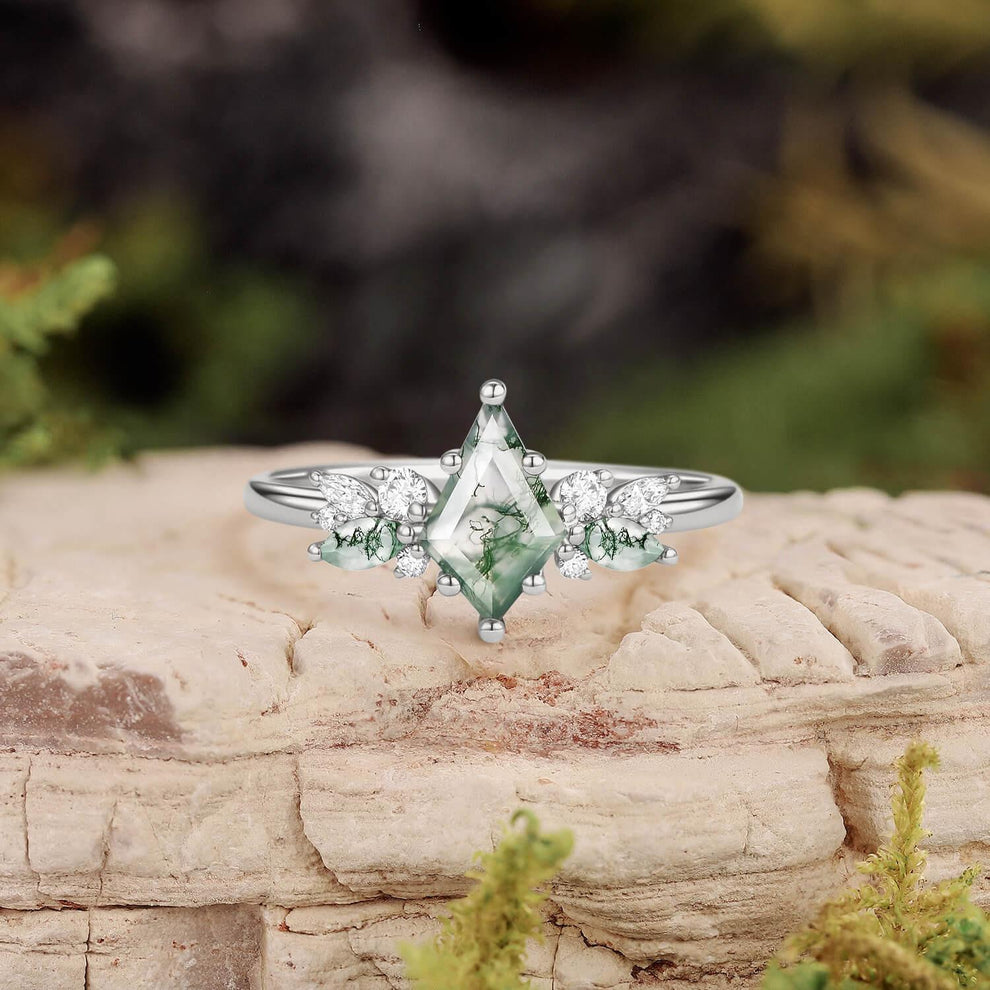 Lavinia’s Sprig | Classic Kite Cut Moss Agate Engagement Ring.