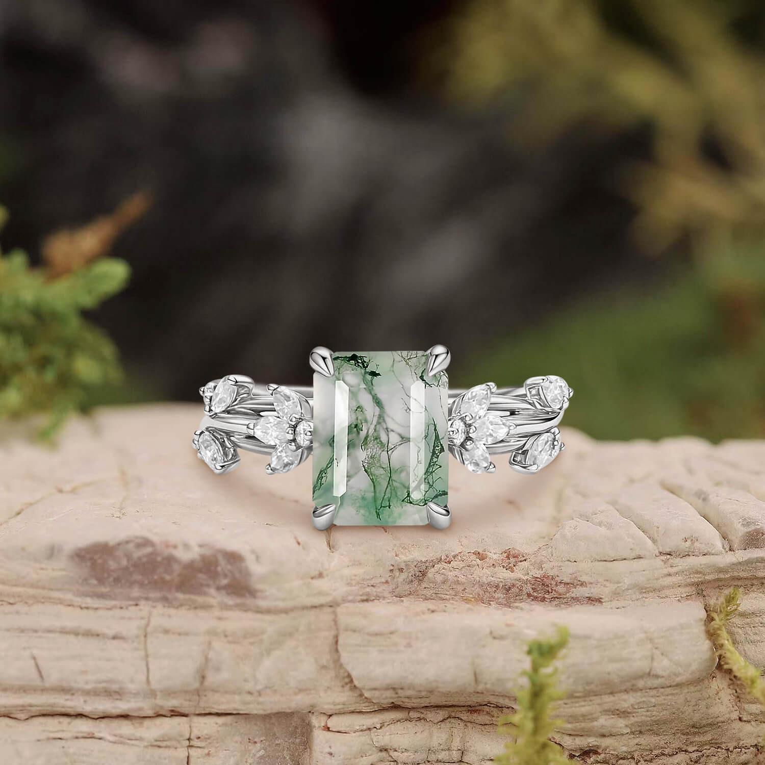 Nature Inspired Emerald Cut Moss Agate Engagement Ring.