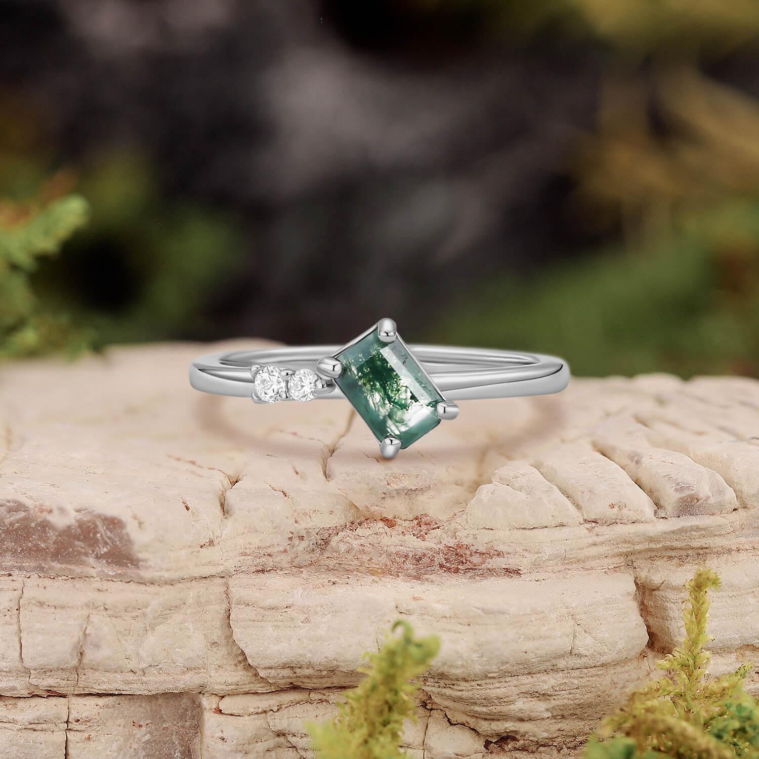Minimalist Emerald Cut Moss Agate & Moissanite Engagement Ring.