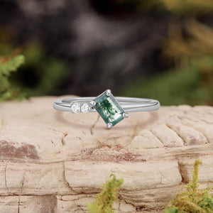 Minimalist Emerald Cut Moss Agate & Moissanite Engagement Ring.