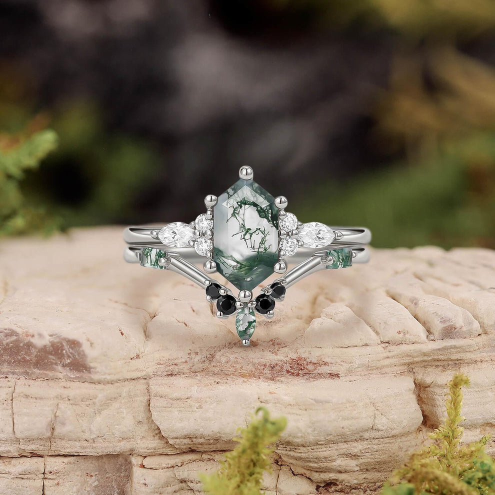 Unique Hexagon Moss Agate & Black Onyx Ring Set 2pcs.