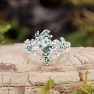 Daphne Moss Agate Hexagon Vine Emerald Engagement Ring Set 2pcs.