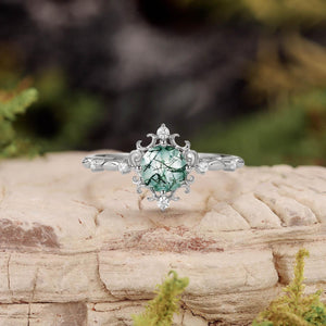 Vintage Round Cut Moss Agate Cluster Engagement Ring.