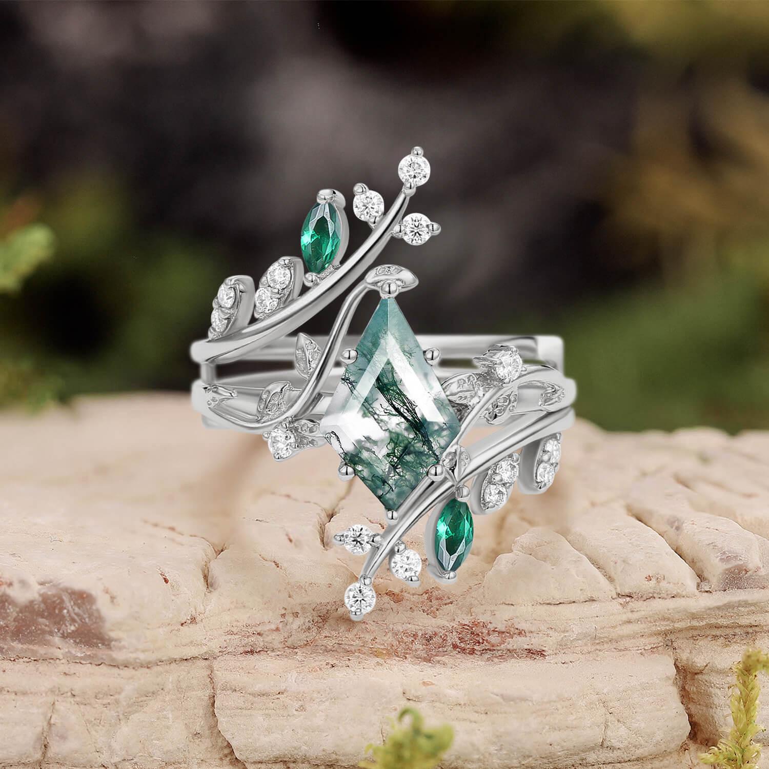 Sylvie’s Enclave | Kite Cut Moss Agate & Emerald Cage Leafy Bridal Set 2pcs.