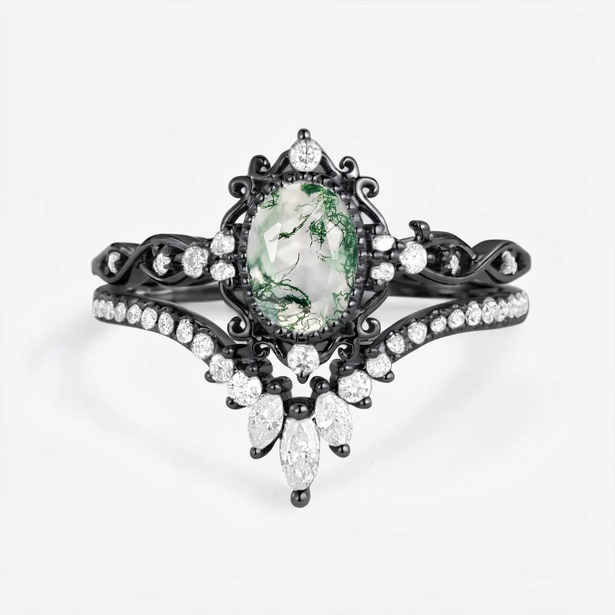 Linden Oval Cut Vintage Moss Agate Engagement Ring Set 2pcs.