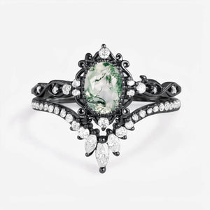 Linden Oval Cut Vintage Moss Agate Engagement Ring Set 2pcs.