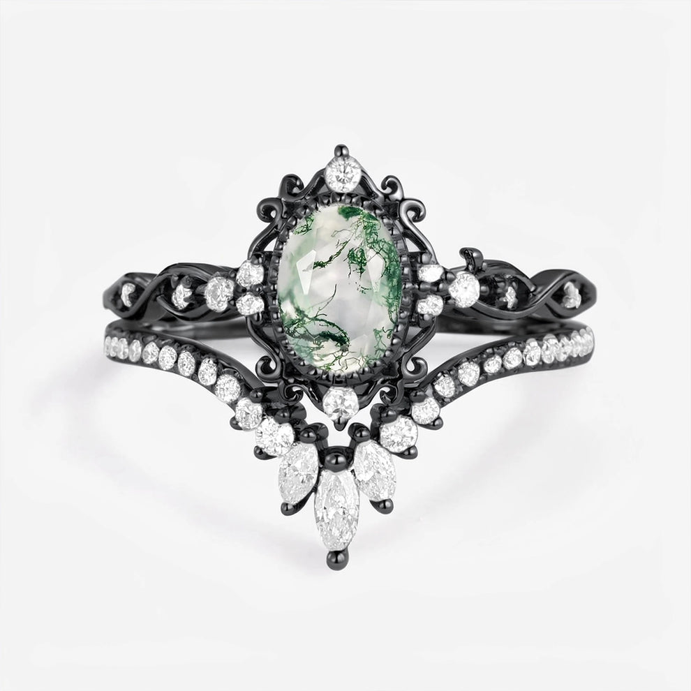 Linden Oval Cut Vintage Moss Agate Engagement Ring Set 2pcs.