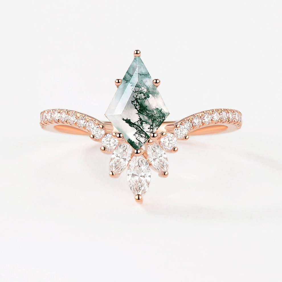 Kite Cut Moss Agate Chevron Engagement Ring - Sylph.
