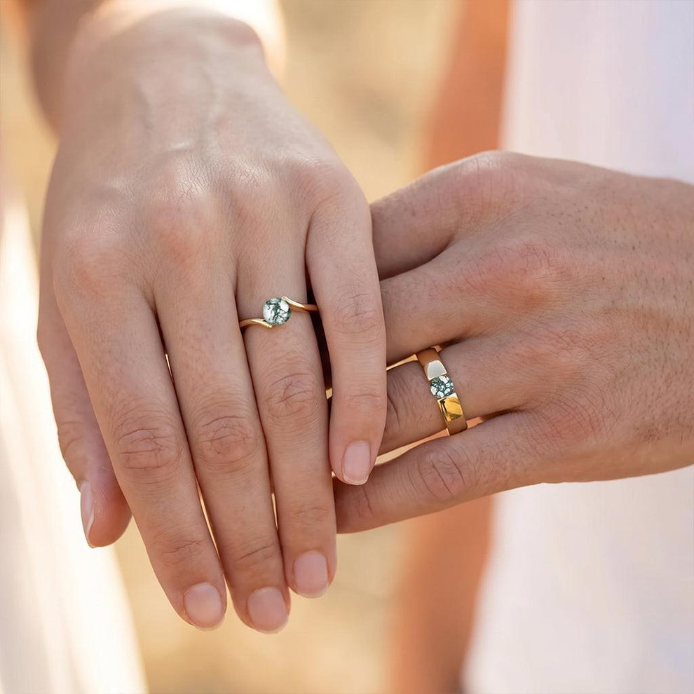 One Stone Duo | Round Moss Agate Couple Ring Set 2pcs.