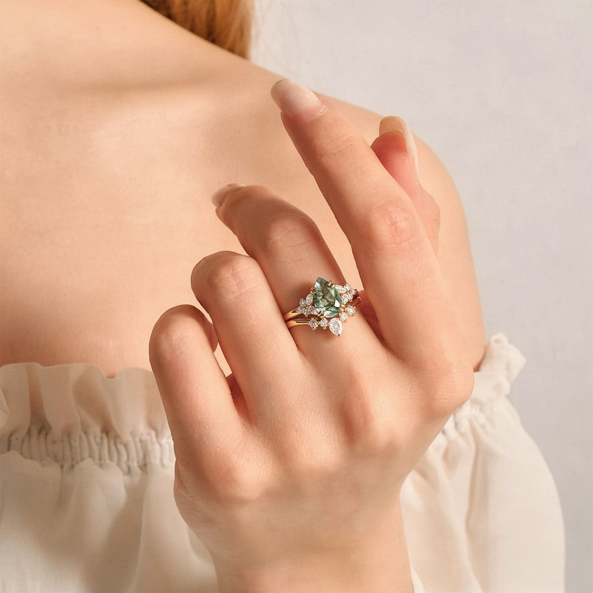 Cerys Pear Shaped Moss Agate Cluster Chevron Gold Ring Set 2pcs.