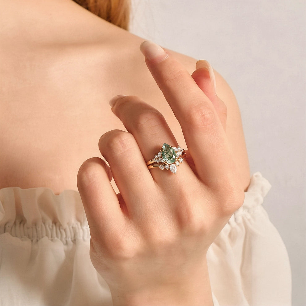 Cerys Pear Shaped Moss Agate Cluster Chevron Gold Ring Set 2pcs.