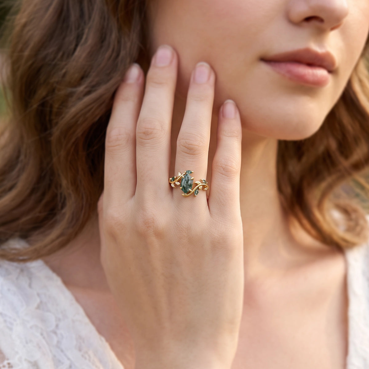 Sylvie’s Herbarium | Vintage Hexagon Moss Agate & Emerald Leafy Engagement Ring