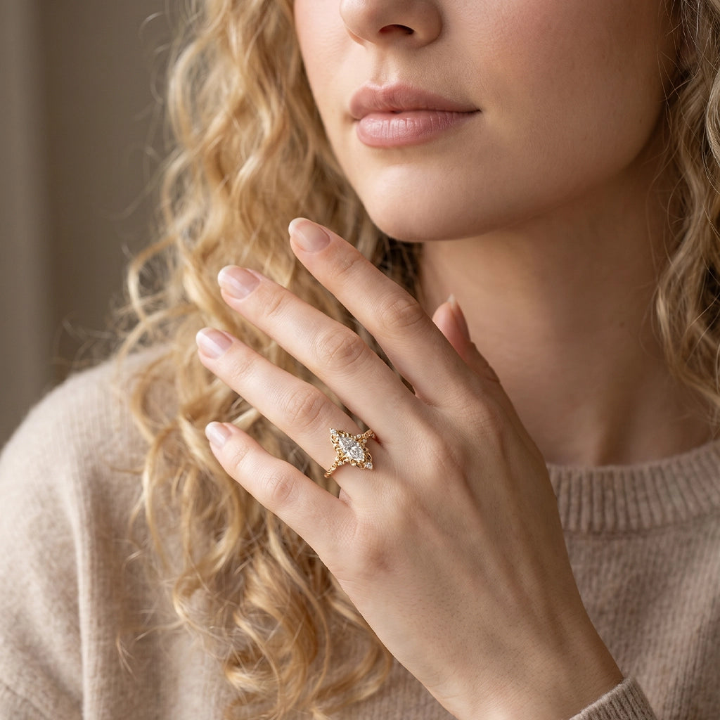 Aurora Swirl | Marquise Diamond Ring with Filigree Setting.