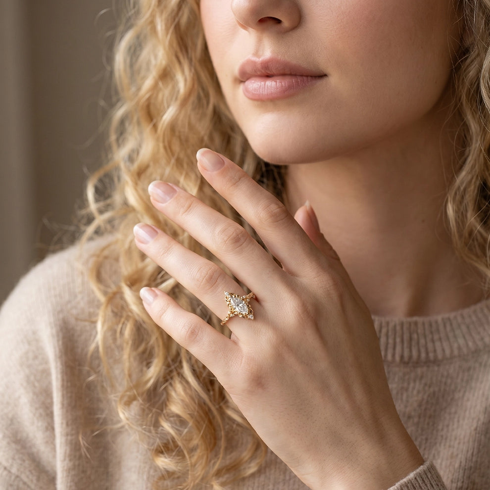 Aurora Swirl | Marquise Diamond Ring with Filigree Setting.