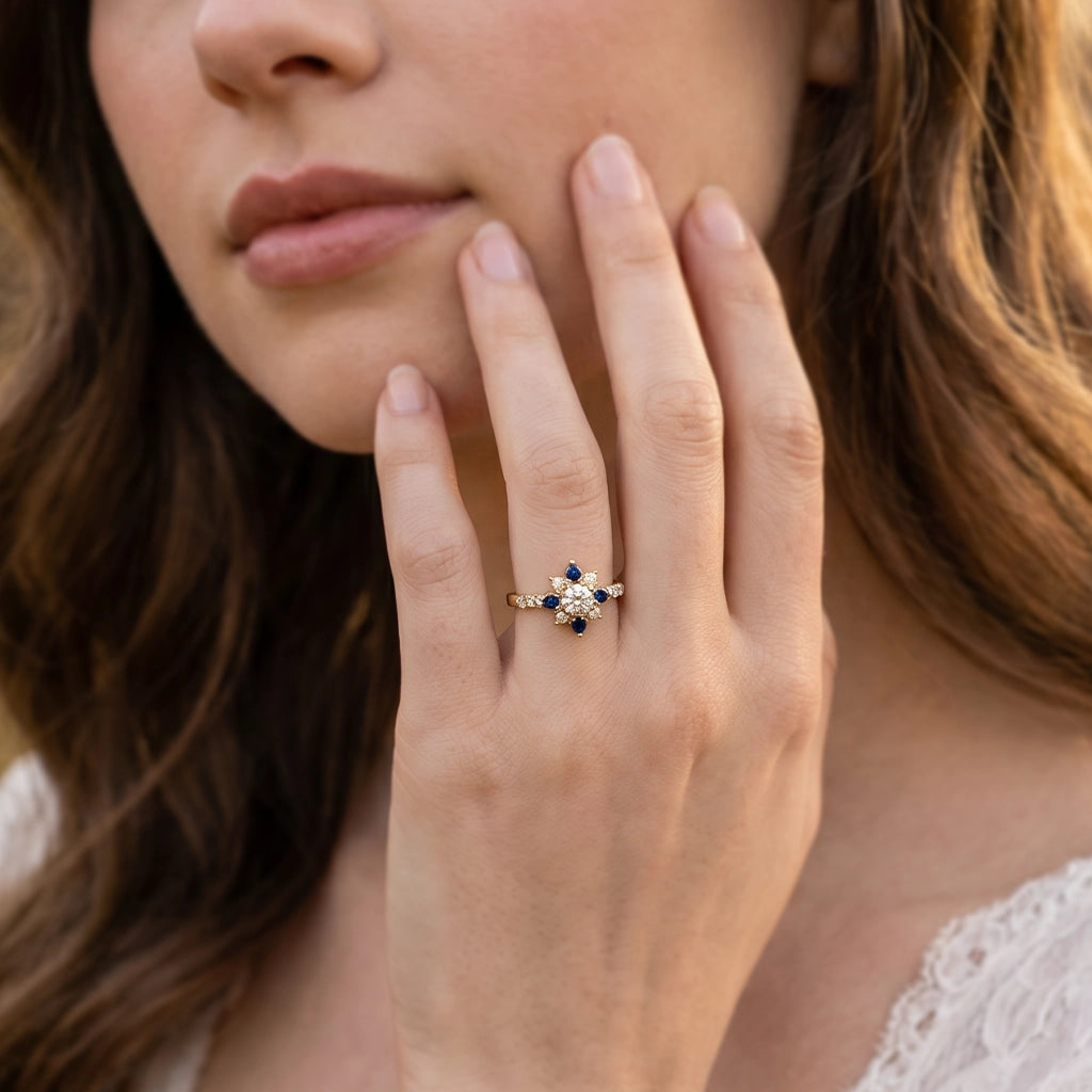 Sylvia’s Bloom | Round Diamond & Sapphire Petal Engagement Ring