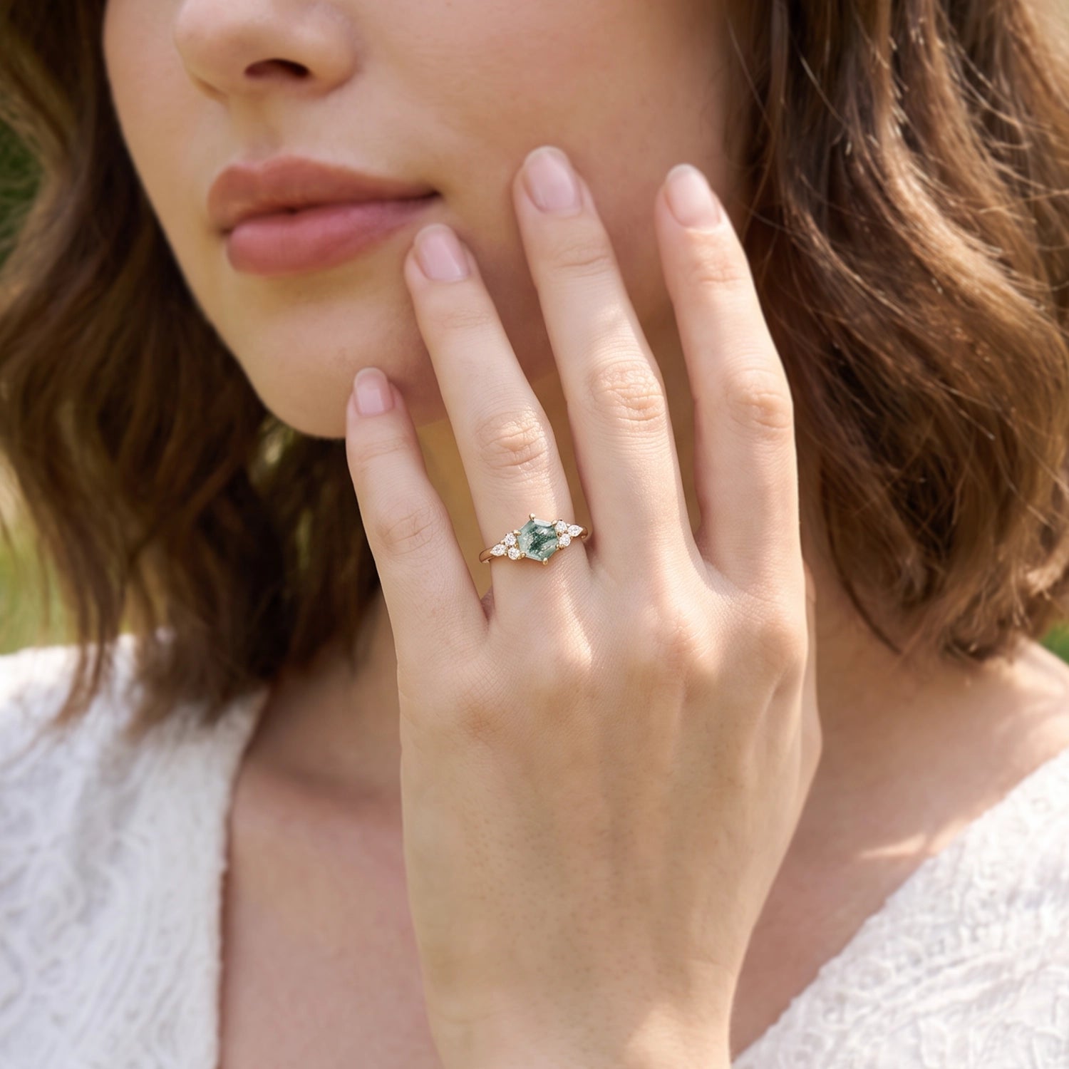 Hazel‘s Glade | Hexagon Moss Agate Cluster Engagement Ring