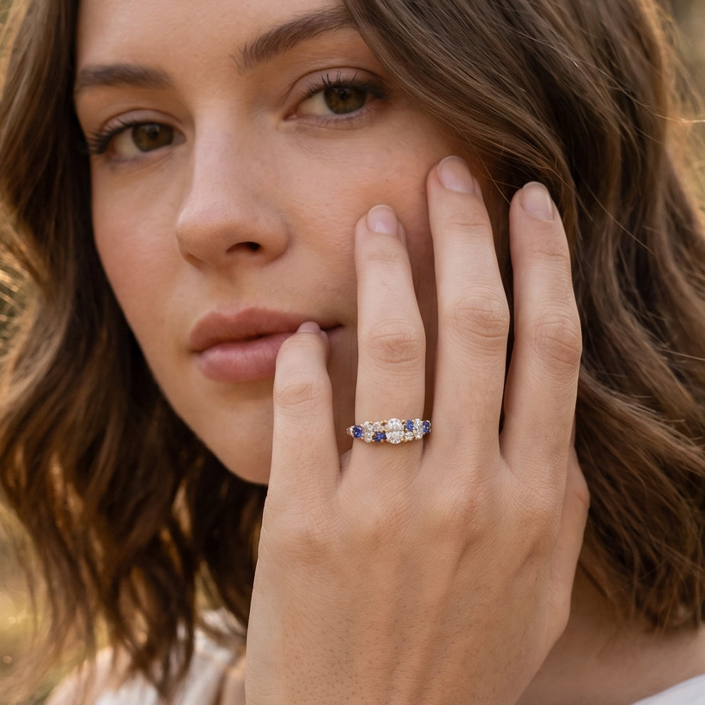 Cordelia’s Keepsake | Thistle Blue Sapphire & Moissanite Half‑Eternity Ring.