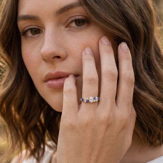 Cordelia’s Keepsake | Thistle Blue Sapphire & Moissanite Half‑Eternity Ring.