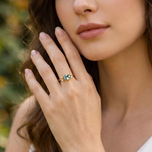 Penelope’s Evermore | Cushion Cut Moss Agate Vine Engagement Ring