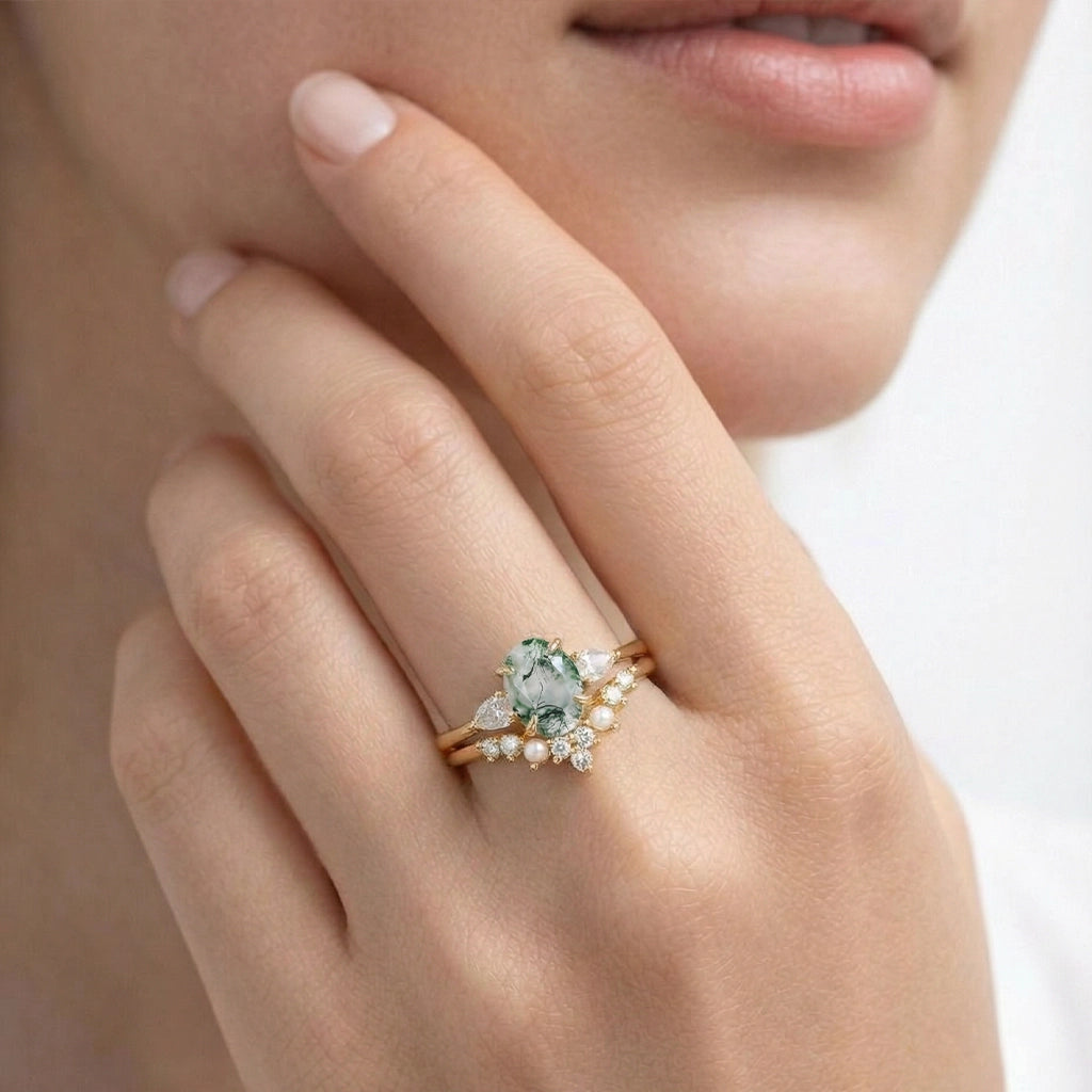 Nancy Oval Cut Moss Agate Vintage Gold Ring Set 2pcs.