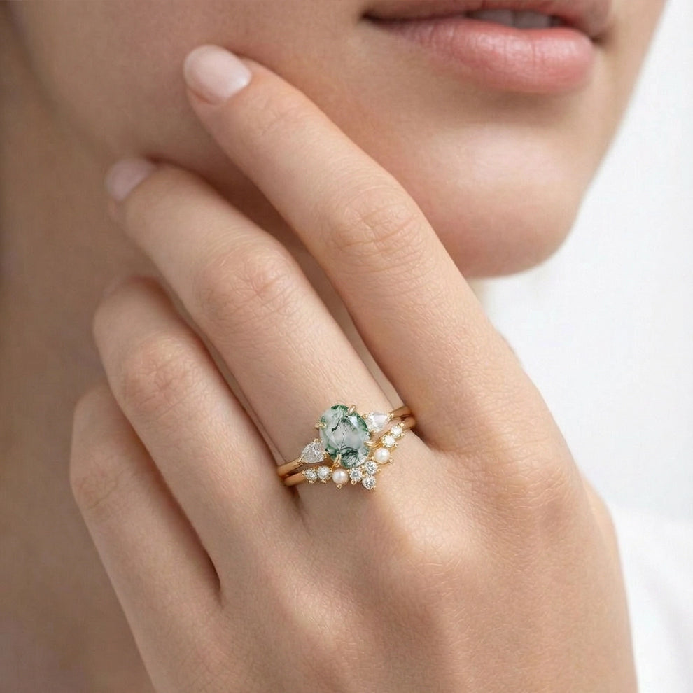 Nancy Oval Cut Moss Agate Vintage Gold Ring Set 2pcs.
