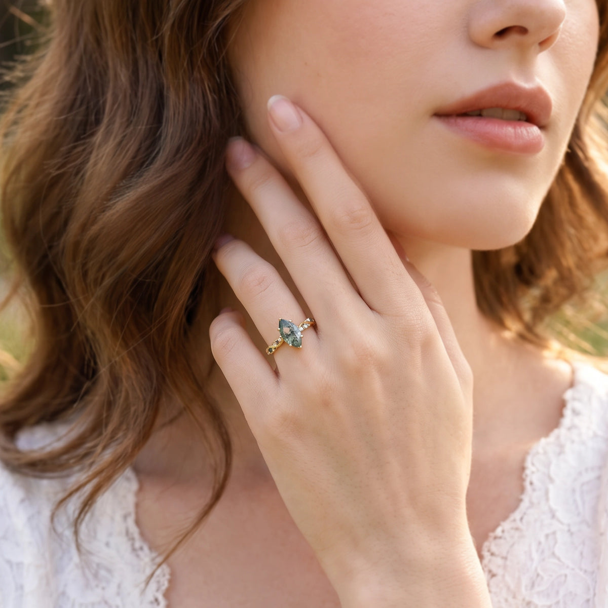 Flora’s Sprig | Marquise Cut Moss Agate Botanical Engagement Ring