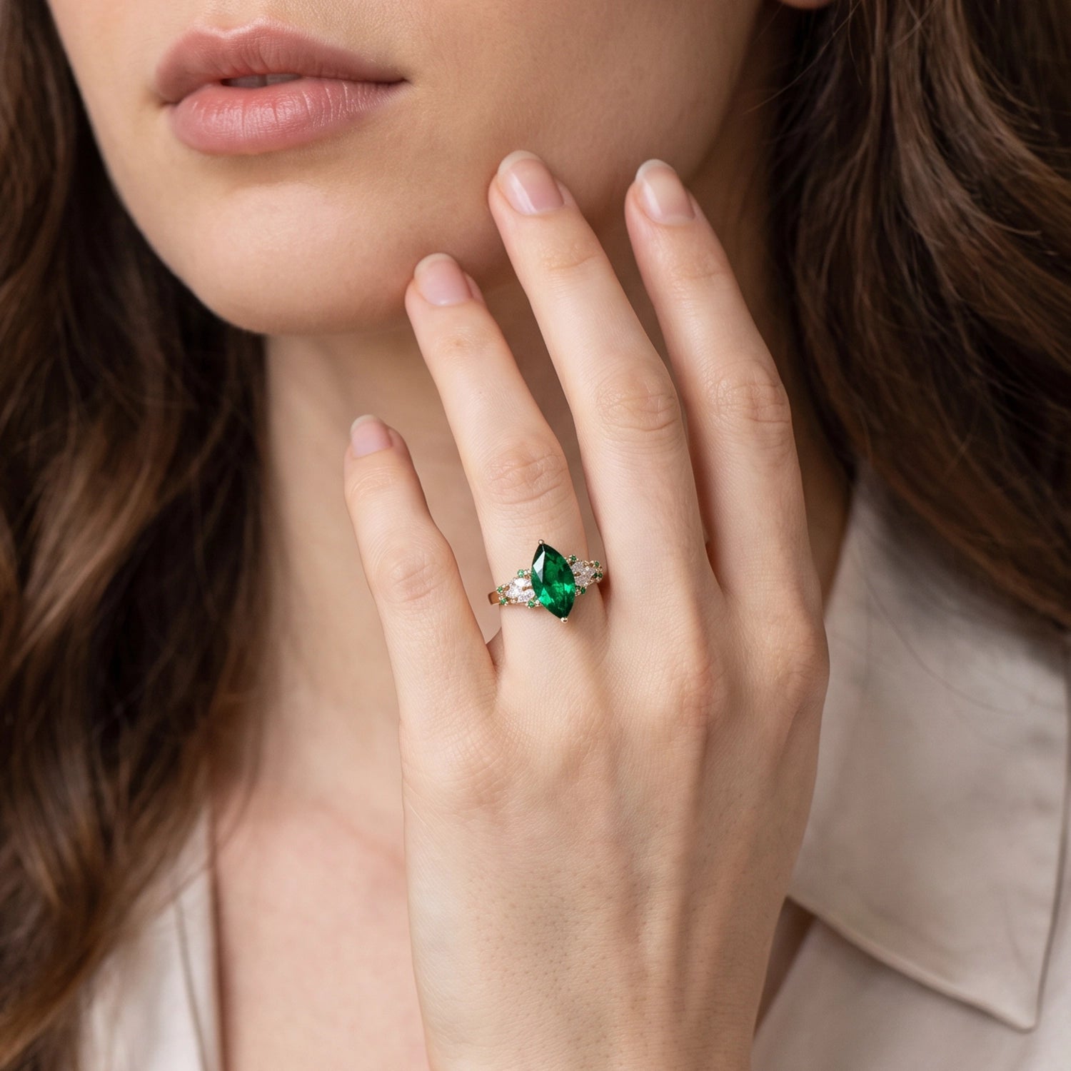 Alexandria’s Regalia | 2CT Marquise Emerald Vintage Engagement Ring