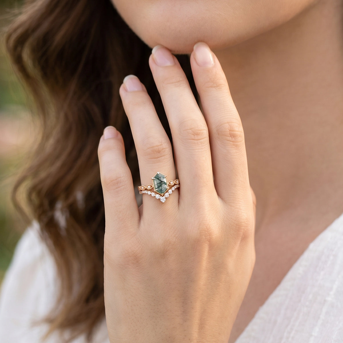 Victorian Vintage Long Hexagon Moss Agate Ring Set 2pcs.