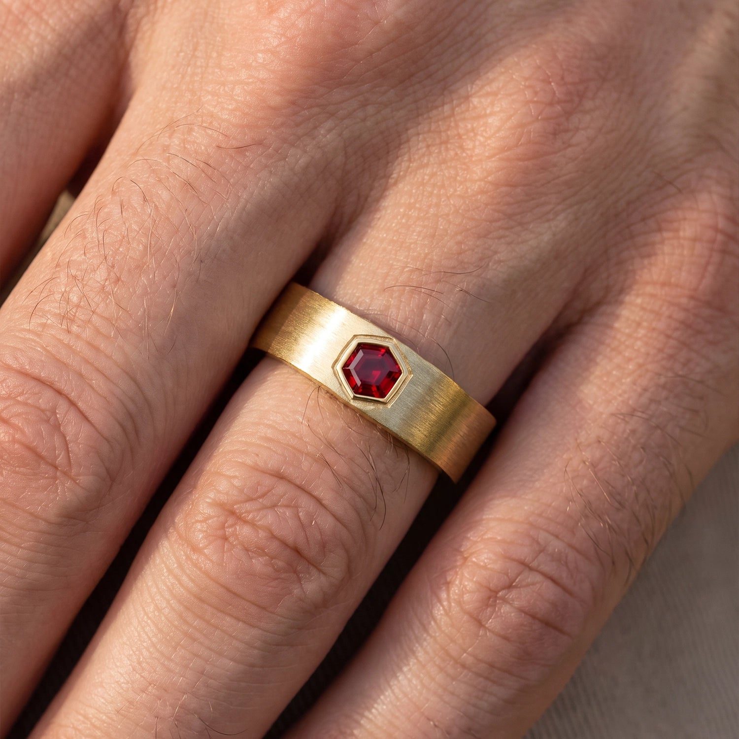 Alexander‘s Aegis | Hexagon Ruby Brushed Men’s Band