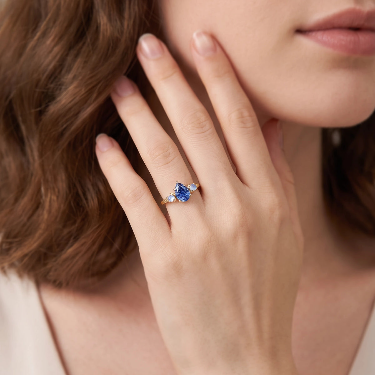 Asteria’s Moonveil | Pear Fantasy-Cut Royal Blue Sapphire & Moonstone Filigree Engagement Ring