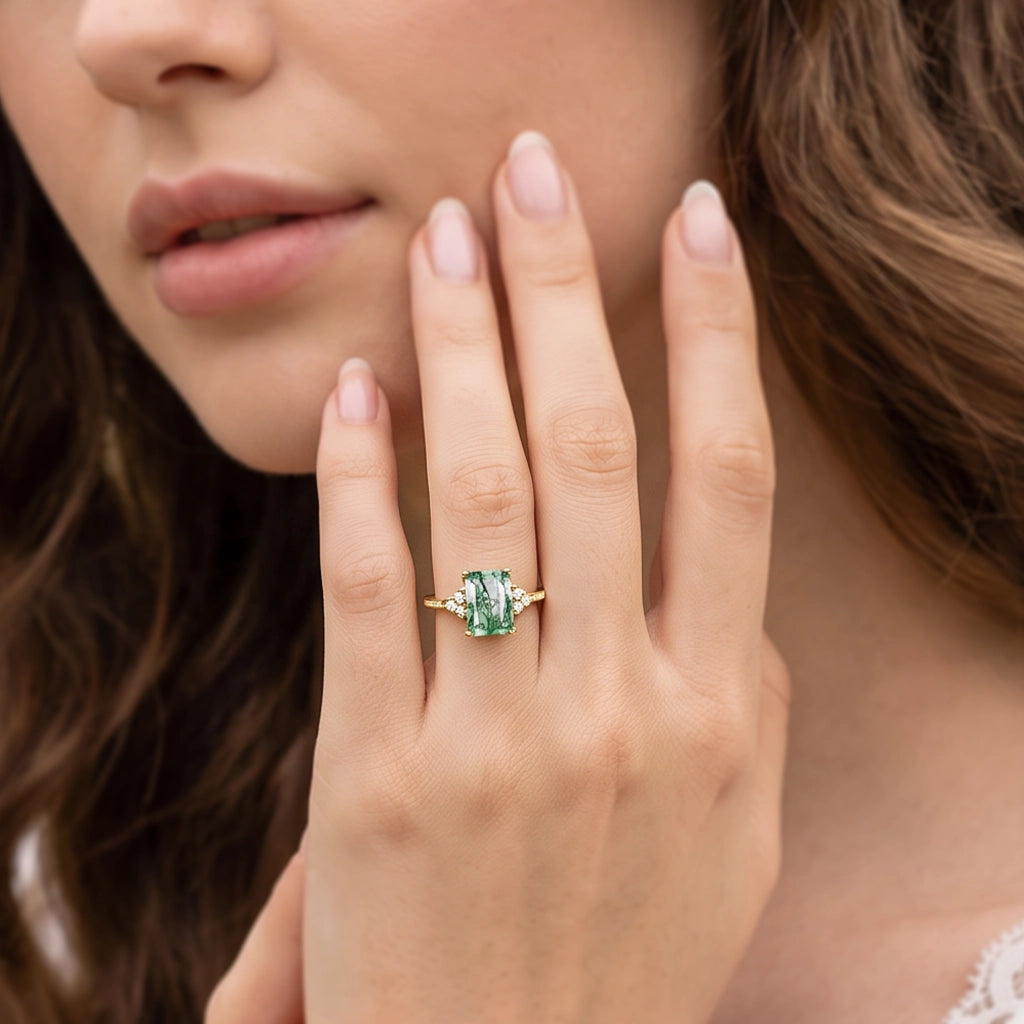 Isadora’s Verdant | Emerald‑Cut Moss Agate Pavé Engagement Ring