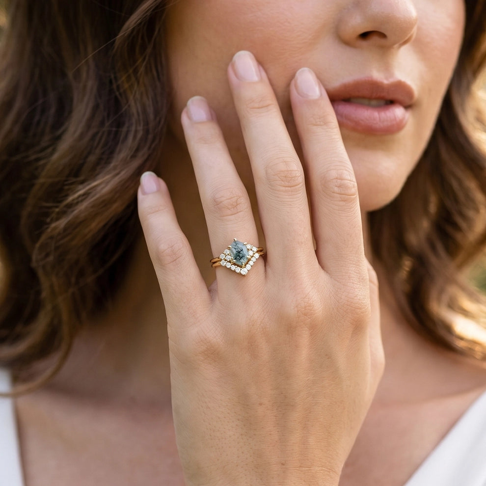 Elara’s Drift | Long Hexagon Moss Agate Stacking Ring Set 2pcs.