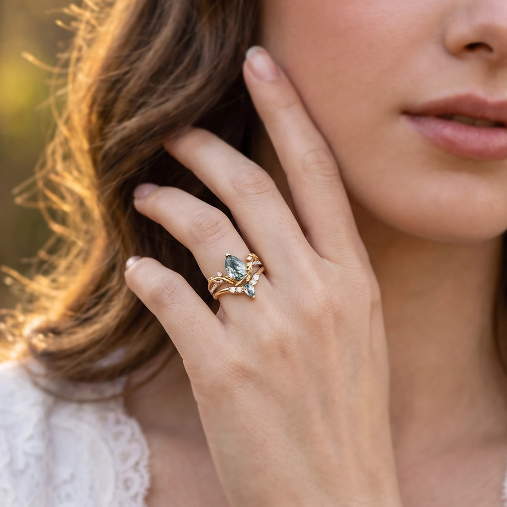Genevieve’s Foliage | Pear Moss Agate & Moissanite Foliage Bridal Duo