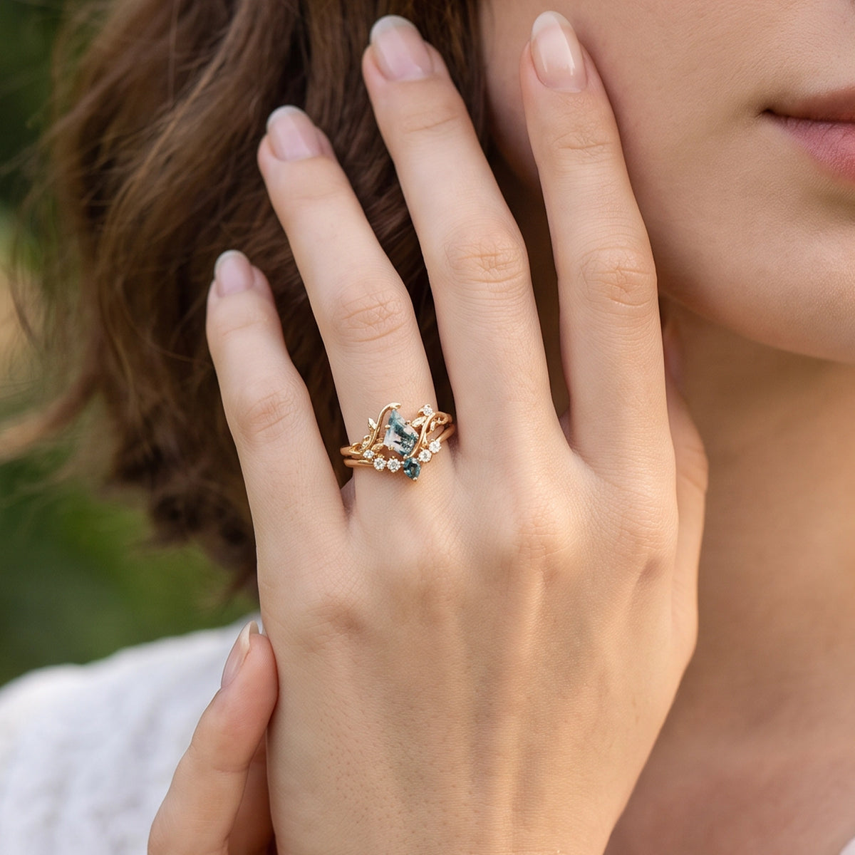 Sylvie’s Bower | Kite Cut Moss Agate & Teal Sapphire Foliage Bridal Duo