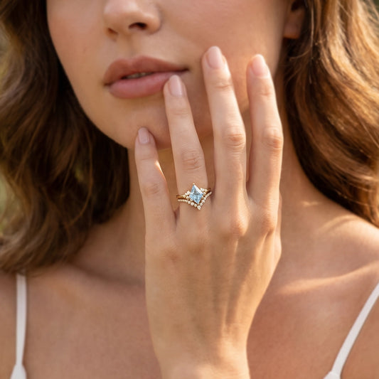 Celia’s Tide | 1.5CT Kite Cut Blue Aquamarine Chevron Bridal Set 2pcs
