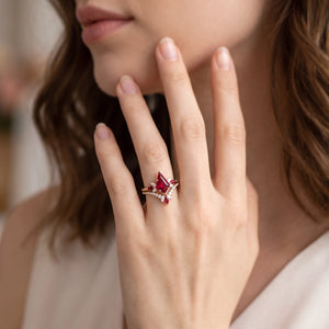 Titania’s Poppy | Vintage Kite-Cut Ruby Chevron  Bridal Set 2pcs