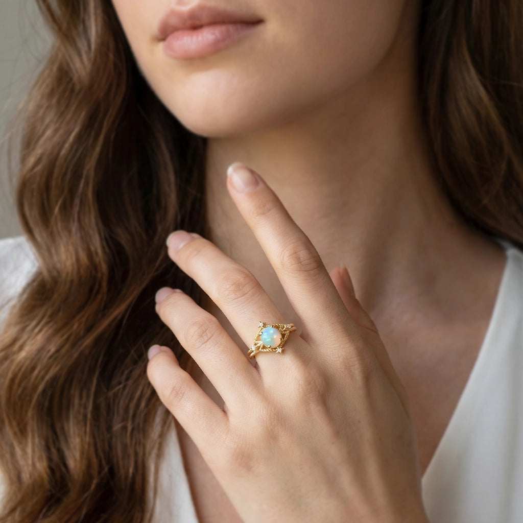 Aurora’s Knotwork | Round Opal Engagement Ring with Open Lozenge Weave & Nodes.
