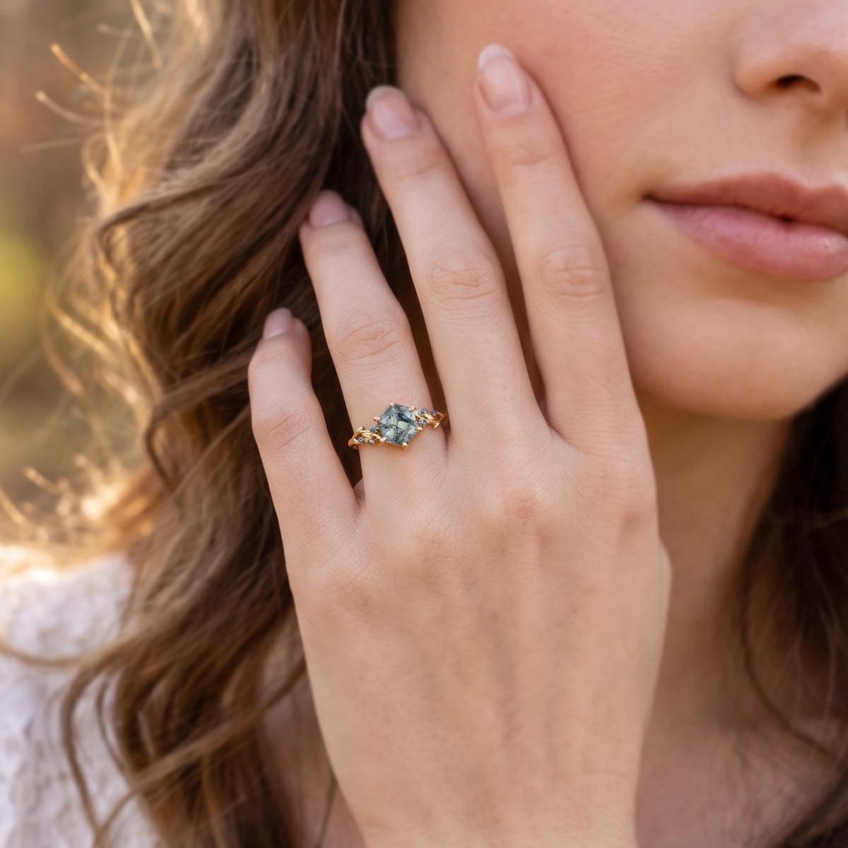 Celandine’s Twine | Hexagon Cut Moss Agate Foliage Engagement Ring