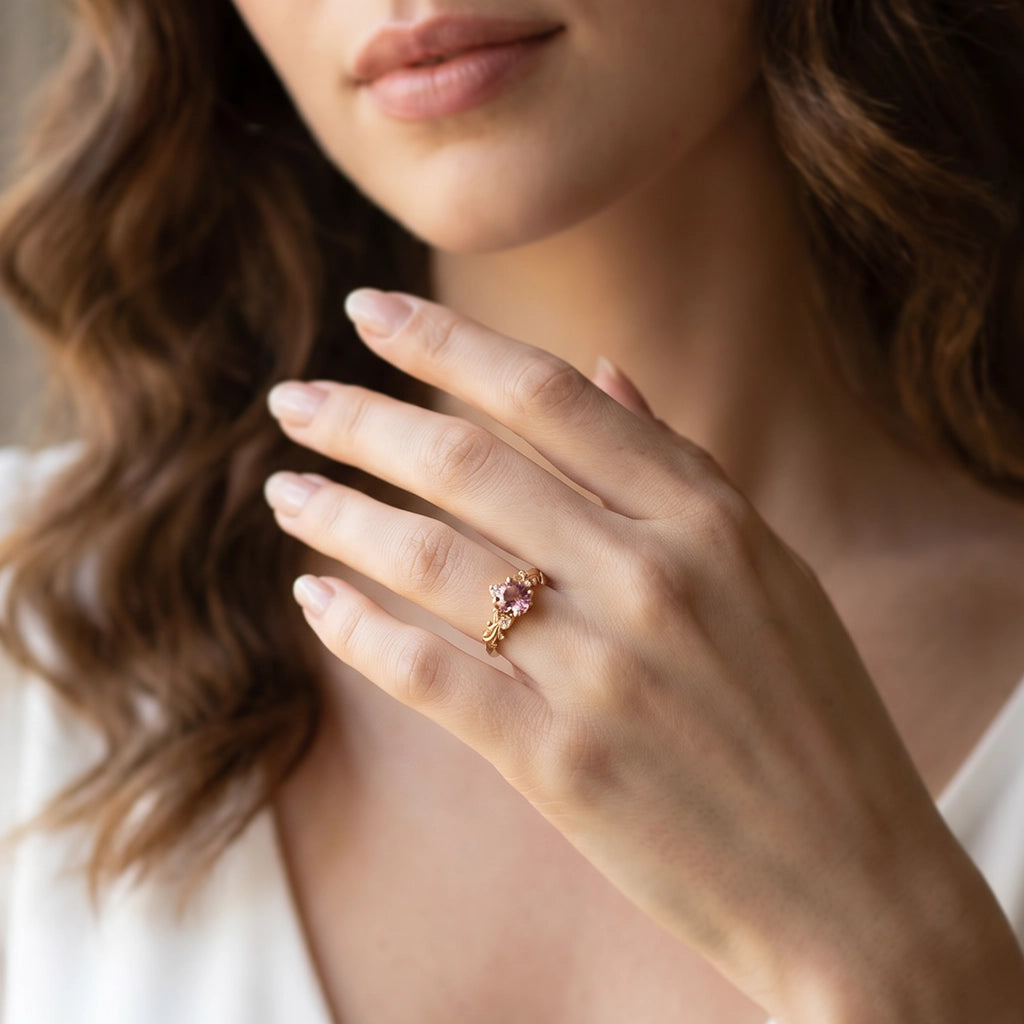Aurelia’s Blossom | Round Rose Quartz Floral Halo Ring.