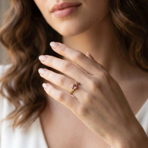Aurelia’s Blossom | Round Rose Quartz Floral Halo Ring
