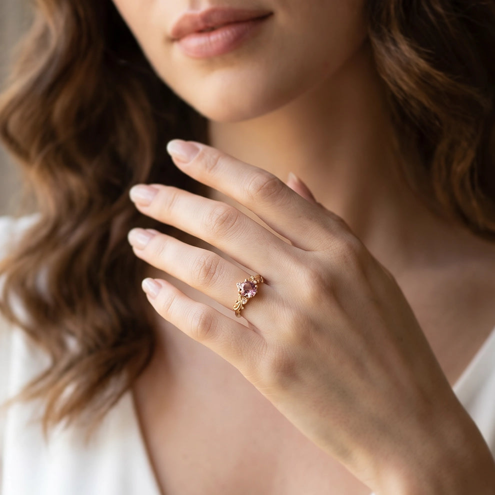 Aurelia’s Blossom | Round Rose Quartz Floral Halo Ring.