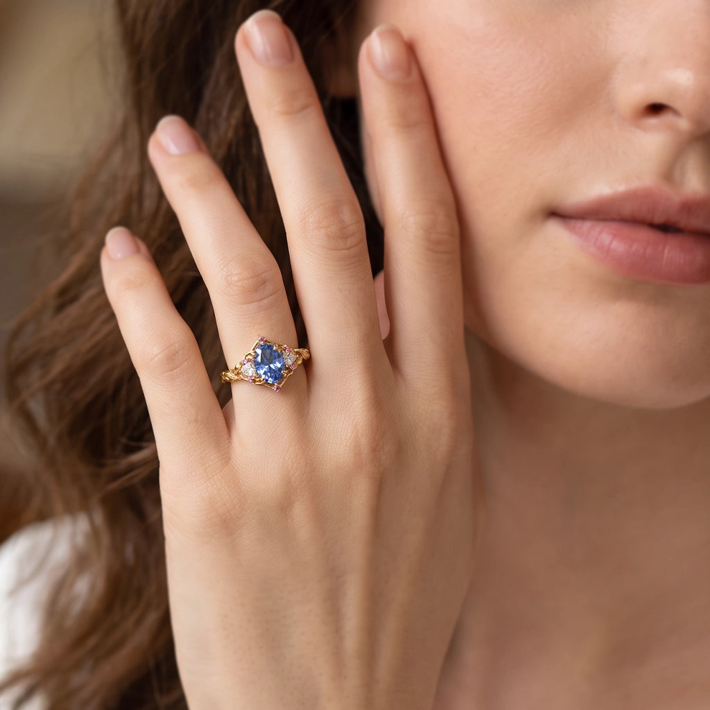 Audrey Three-Stone Sparkle Cut Sapphire Engagement Ring