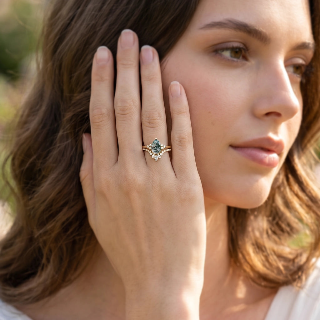 Genevieve’s Grace | Vintage Pear Cut Moss Agate Bridal Set 2pcs