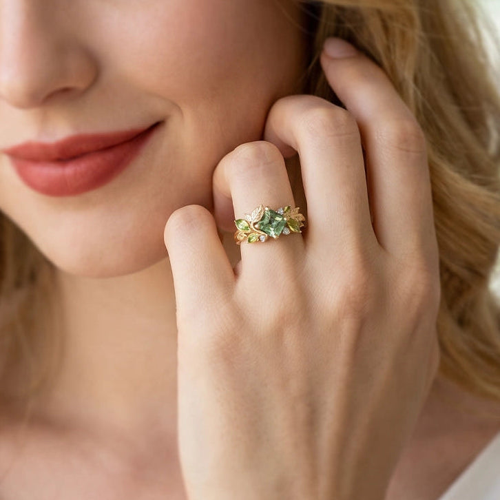 Flora’s Foliage | Mint Green Tourmaline & Birthstone Leaf Engagement Ring.
