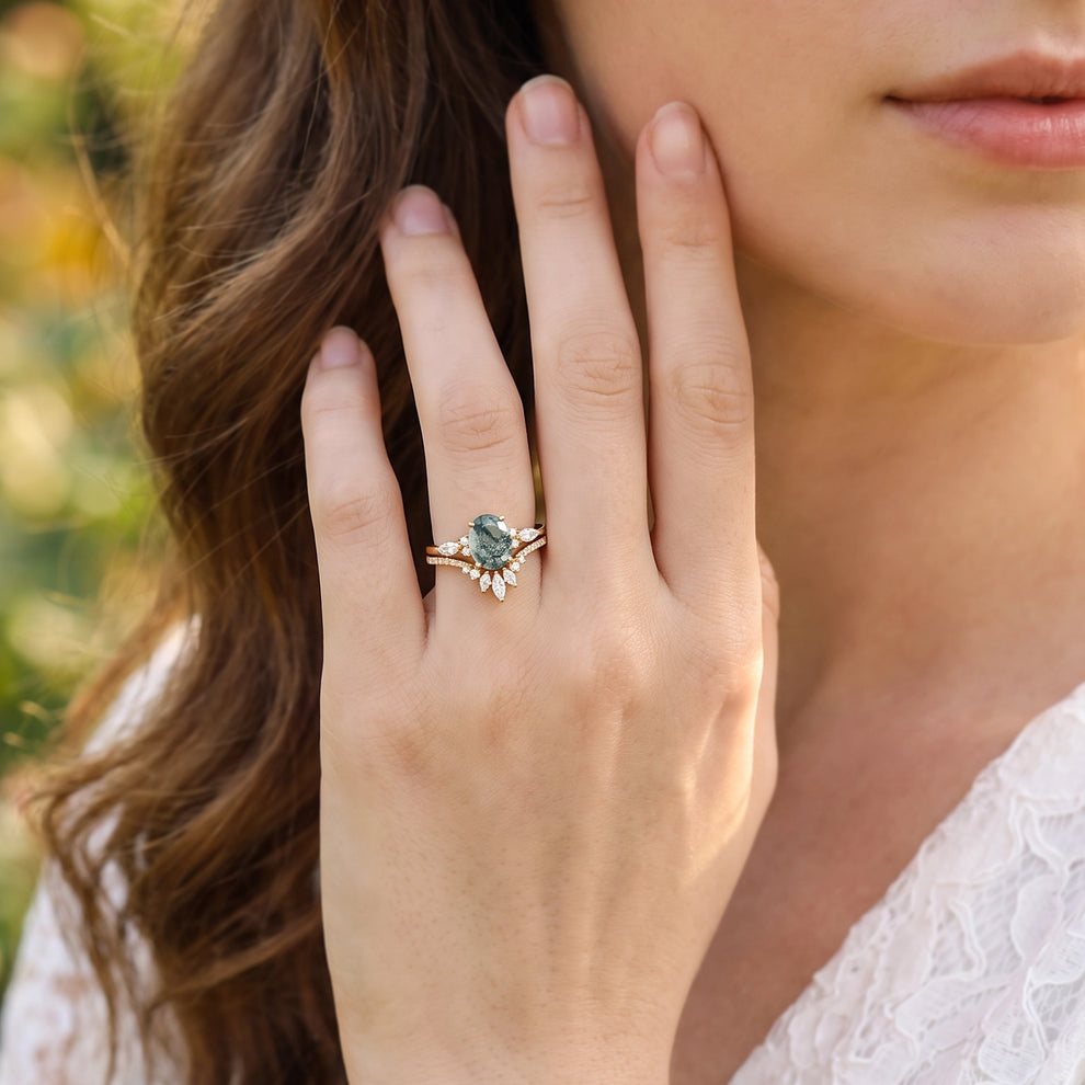 Alexandra’s Heritage | Oval Moss Agate Bridal Duo
