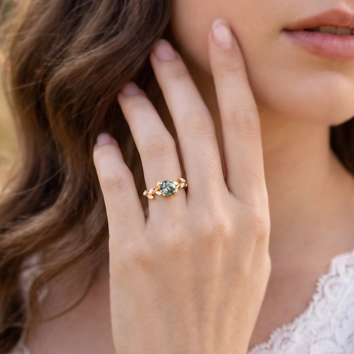 Celandine’s Tendril | Round Cut Moss Agate Vine Engagement Ring