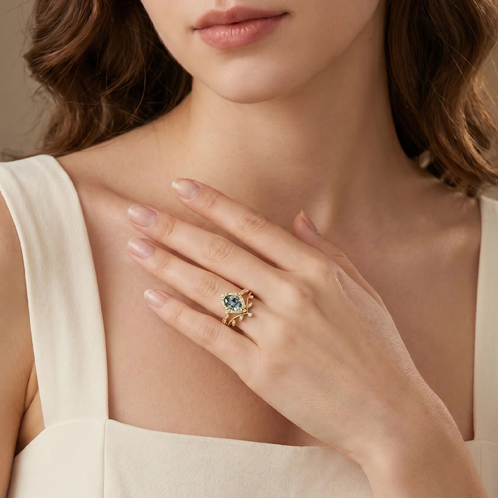 Oval Moss Agate & Moissanite Floral Ring Set 2pcs.